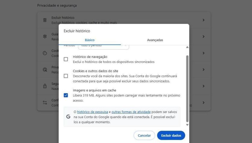 Além da memória Cache, você pode excluir cookies e histórico de navegação. • Créditos: Repprodução/Google Chrome