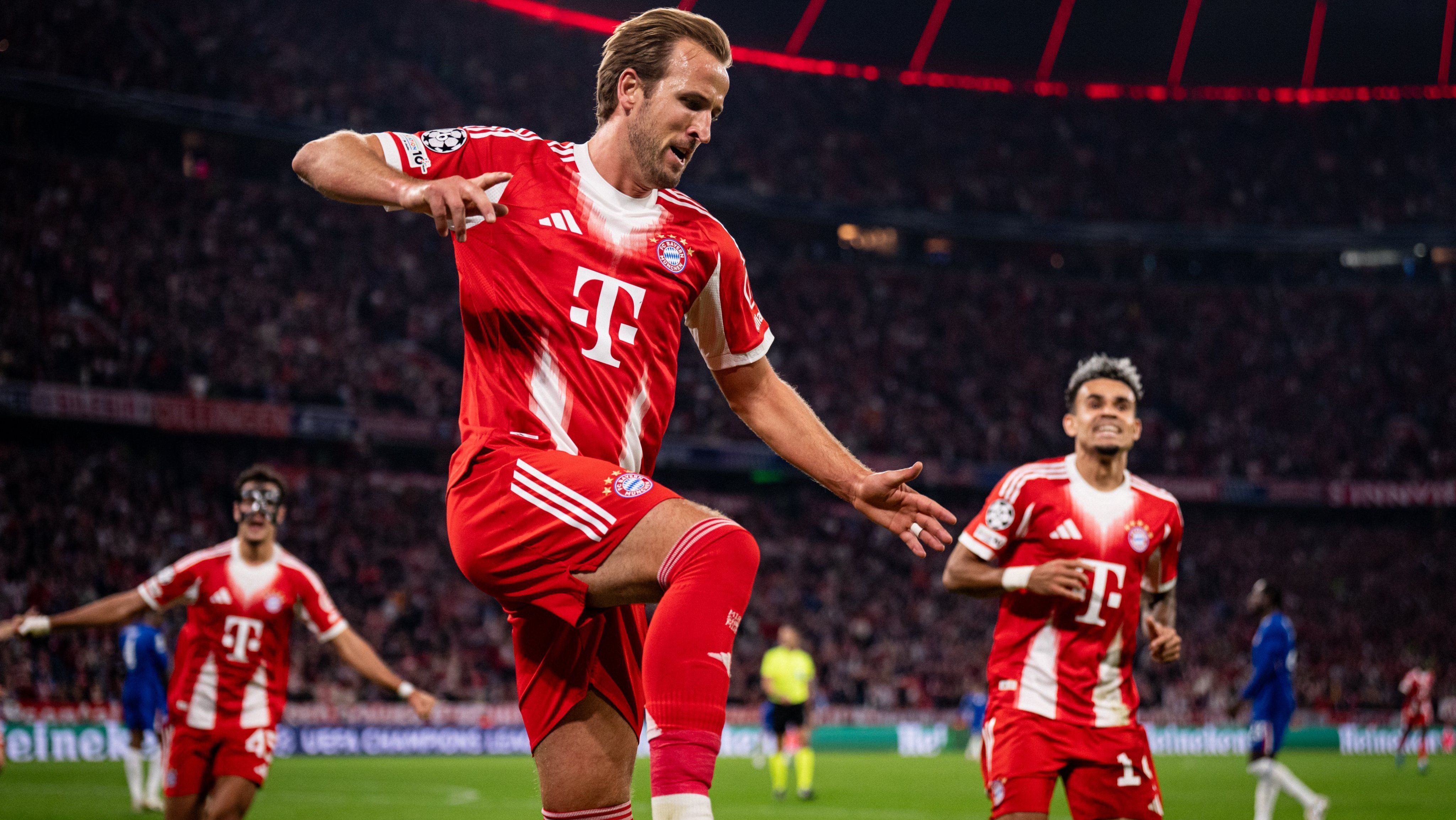 Harry Kane comemora um dos gols que marcou para o Bayern de Munique sobre o Chelsea pela Champions League