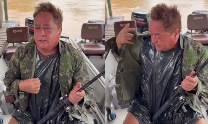 Leonardo se veste com saco de lixo para pescar e brinca: "Tendência"