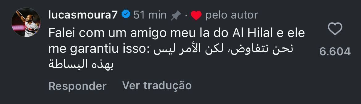 Comentário de Lucas Moura sobre negociação com Marcos Leonardo • Reprodução/Instagram