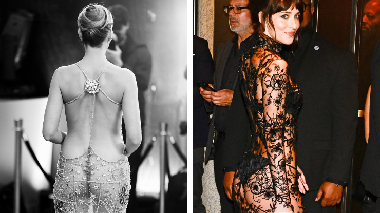 Margot Robbie e Dakota Johnson aderem ao "naked dress" • Samir Hussein/WireImage// Raymond Hall/GC Images