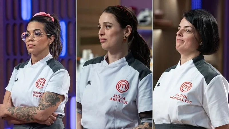 Jéssica Paiva, Julia Abduch e Aline Gonçalves deixaram o Masterchef Confeitaria no primeiro episódio • Reprodução/Band