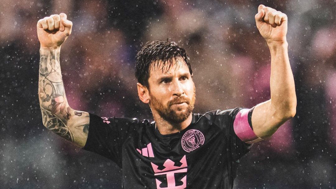 Lionel Messi comemorando a vitória do Inter Miami sobre o New York City, pela MLS