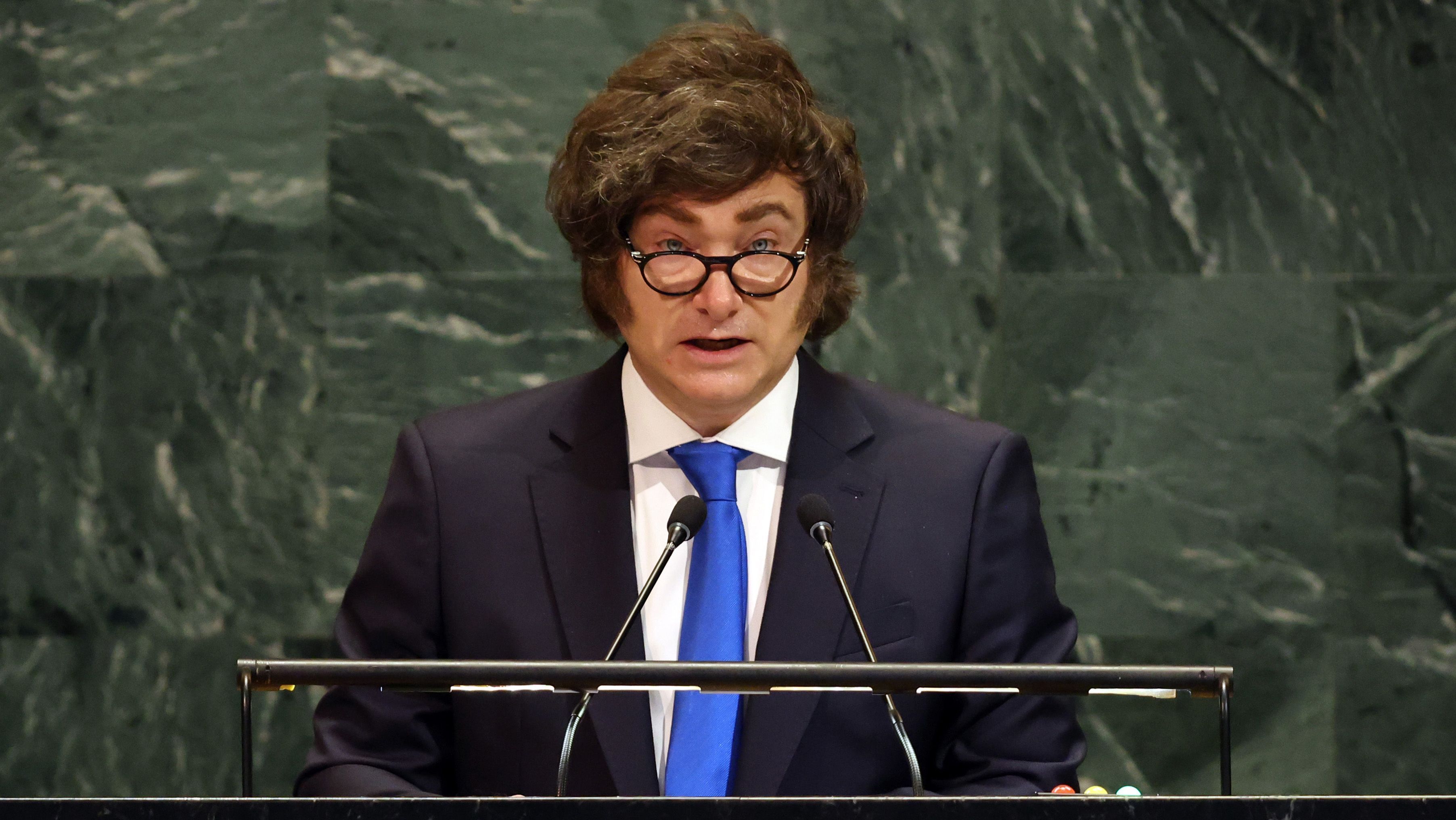 O presidente argentino, Javier Milei, discursa na Assembleia Geral das Nações Unidas (ONU) durante a 80ª sessão do evento anual, em 24 de setembro de 2025, na cidade de Nova York.