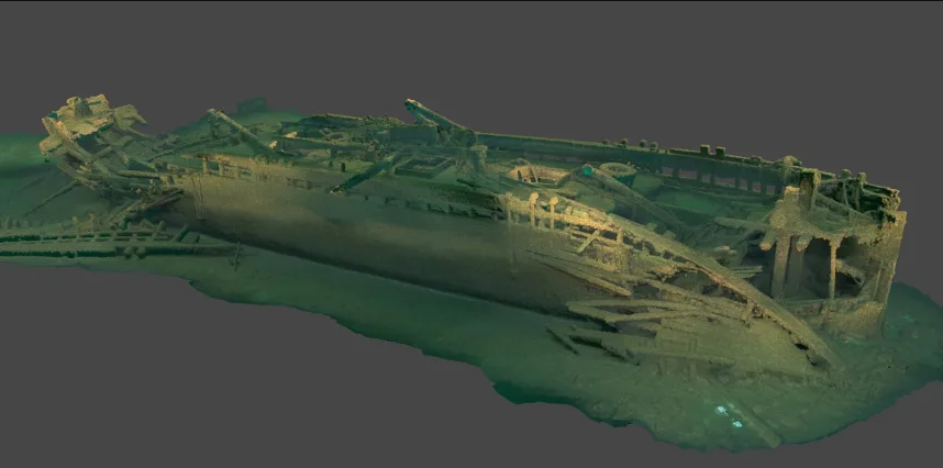 Esta visão de um modelo 3D do FJ King mostra os danos na proa do navio quando ele atingiu o fundo e na popa quando ele foi levado pelo vento • Zach Whitrock/Wisconsin Historical Society
