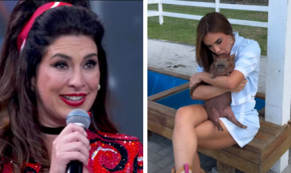 Nicole Bahls homenageia Fê Paes Leme com porquinha após "Dança dos Famosos"