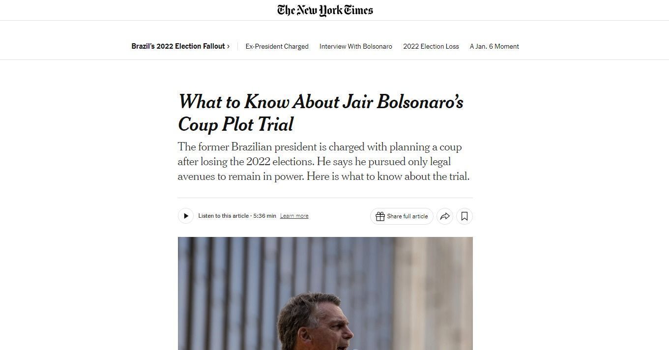 Manchete do NYT sobre o julgamento de Jair Bolsonaro