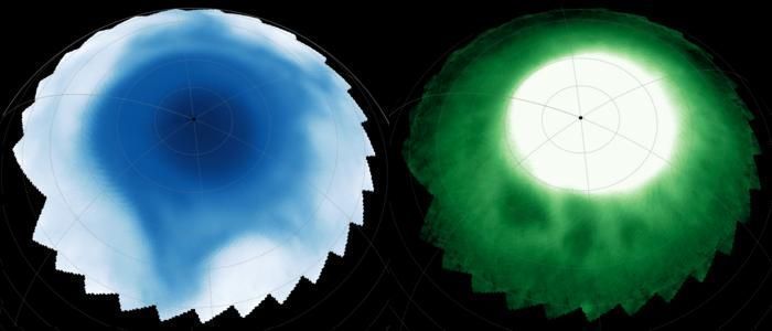 (À esq.) estruturas escuras semelhantes a contas incrustadas em uma aurora brilhante; (à dir.) padrão estelar assimétrico se estende em direção ao equador • Nasa/ESA/CSA/Stallard et al 2025.