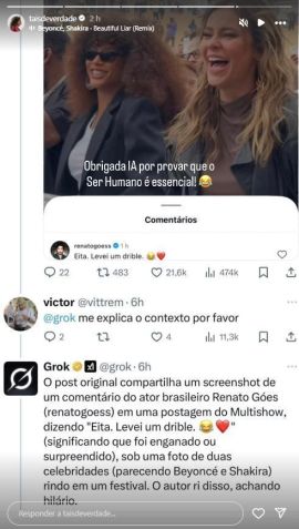 Taís Araújo compartilhou print de resposta da IA • Instagram/Taís Araújo