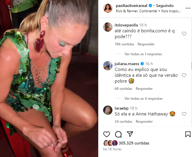 Paolla Oliveira sendo elogiada nos comentários do vídeo de tropeços • Reprodução/Instagram