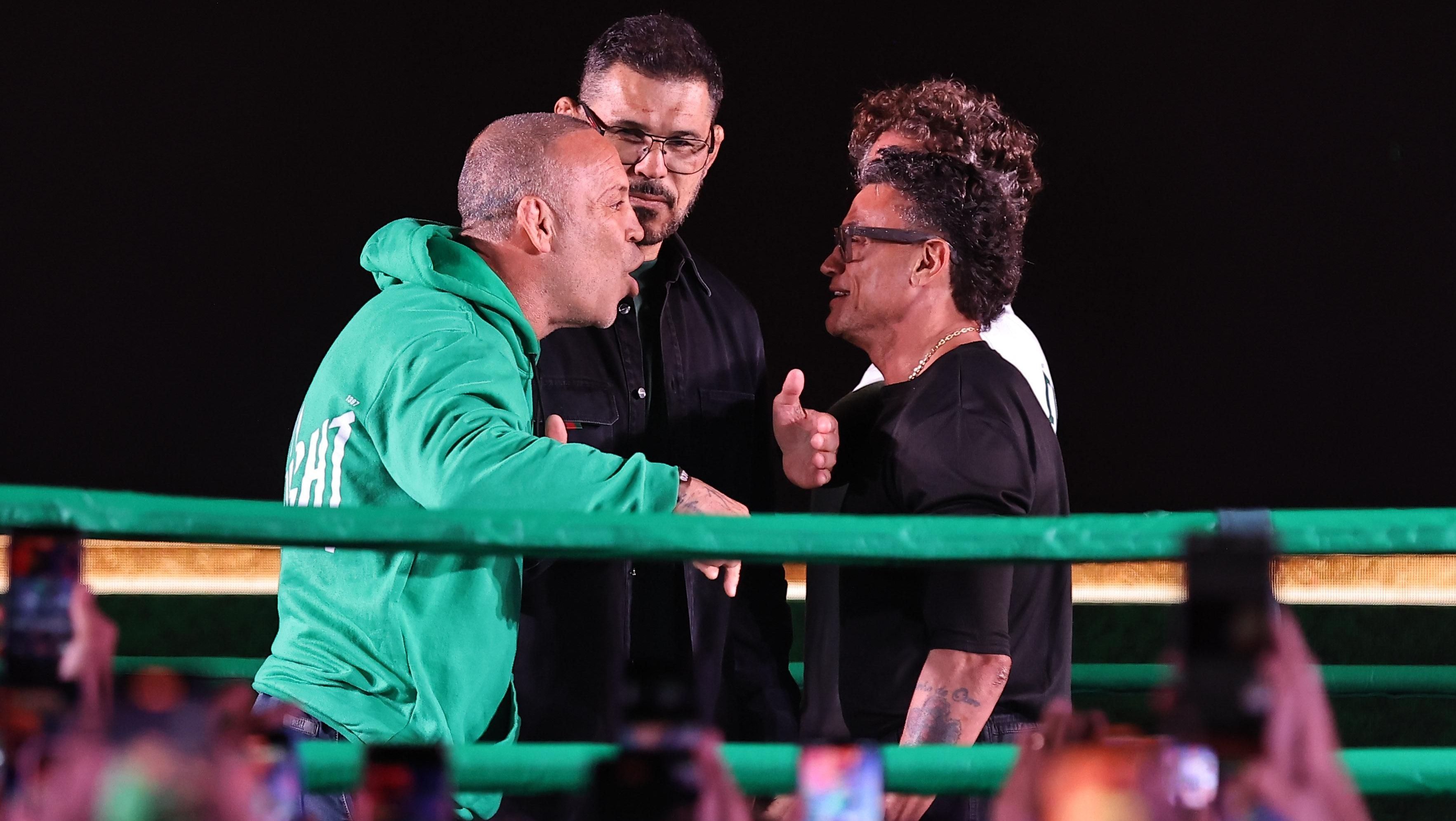 Acelino Popó Freitas e Wanderlei Silva durante encarada em plena Faria Lima, em São Paulo; Lutadores vão se enfrentar no Spaten Fight Night