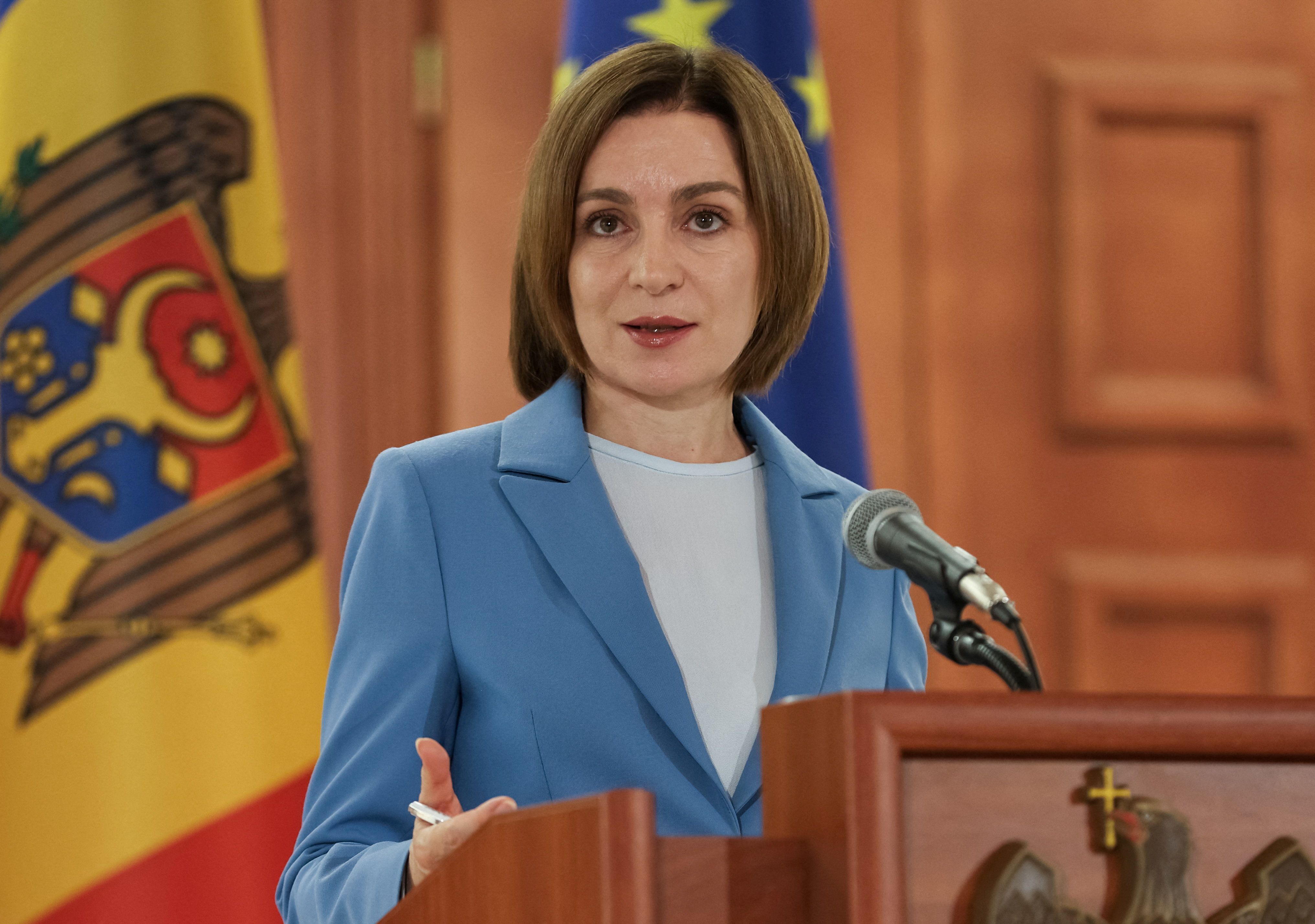Presidente da Moldávia, Maia Sandu, durante entrevista coletiva após anúncio dos resultados das eleições parlamentares em Chisinau