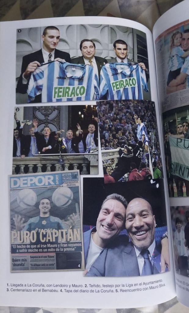 Imagens de Scaloni no Deportivo La Coruña, e uma foto com Mauro Silva em evento da Conmebol