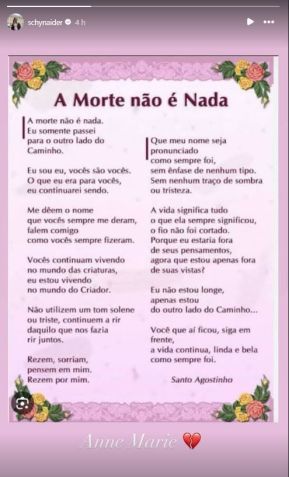 Schynaider Moura compartilha poema após morte da filha de 16 anos • Instagram/Schynaider Moura
