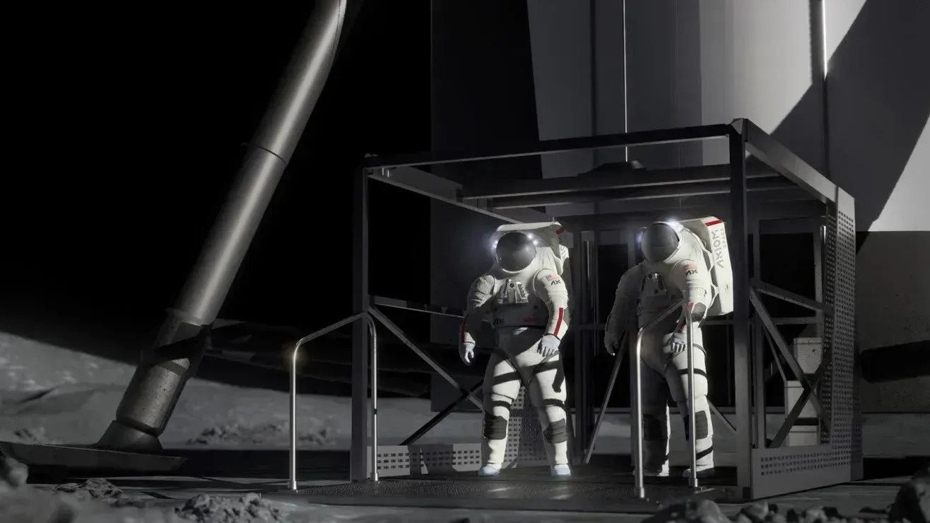 Uma concepção artística mostra a nave espacial Starship da SpaceX pousando astronautas da Nasa na Lua • SpaceX/Nasa