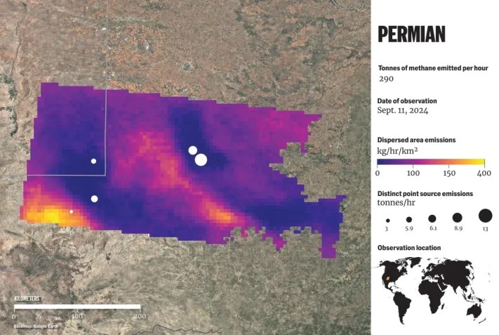 A Bacia do Cáspio Sul está poluindo 290 toneladas (quase 640.000 libras) de metano por hora, de acordo com dados coletados pelo MethaneSAT • MethaneSAT