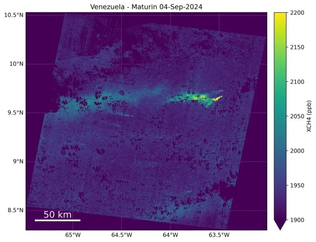 Imagem mostra o metano sendo liberado na atmosfera na Venezuela • MethaneSAT