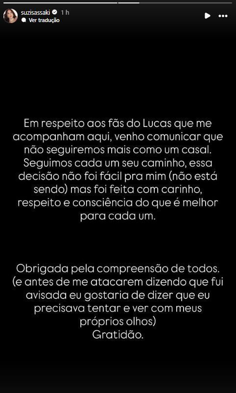 Suzi Sassaki anunciou término de relacionamento • Instagram/Suzi Sassaki