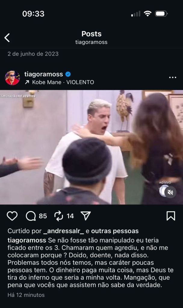 Tiago Ramos apontou manipulação em "A Fazenda"