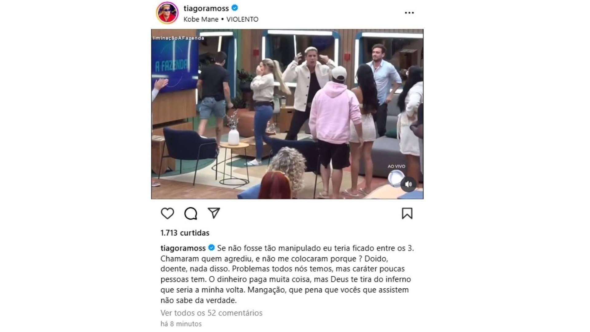 Tiago Ramos apagou o post que acusada a produção de "A Fazenda" de manipulação • Instagram/Tiago Ramos