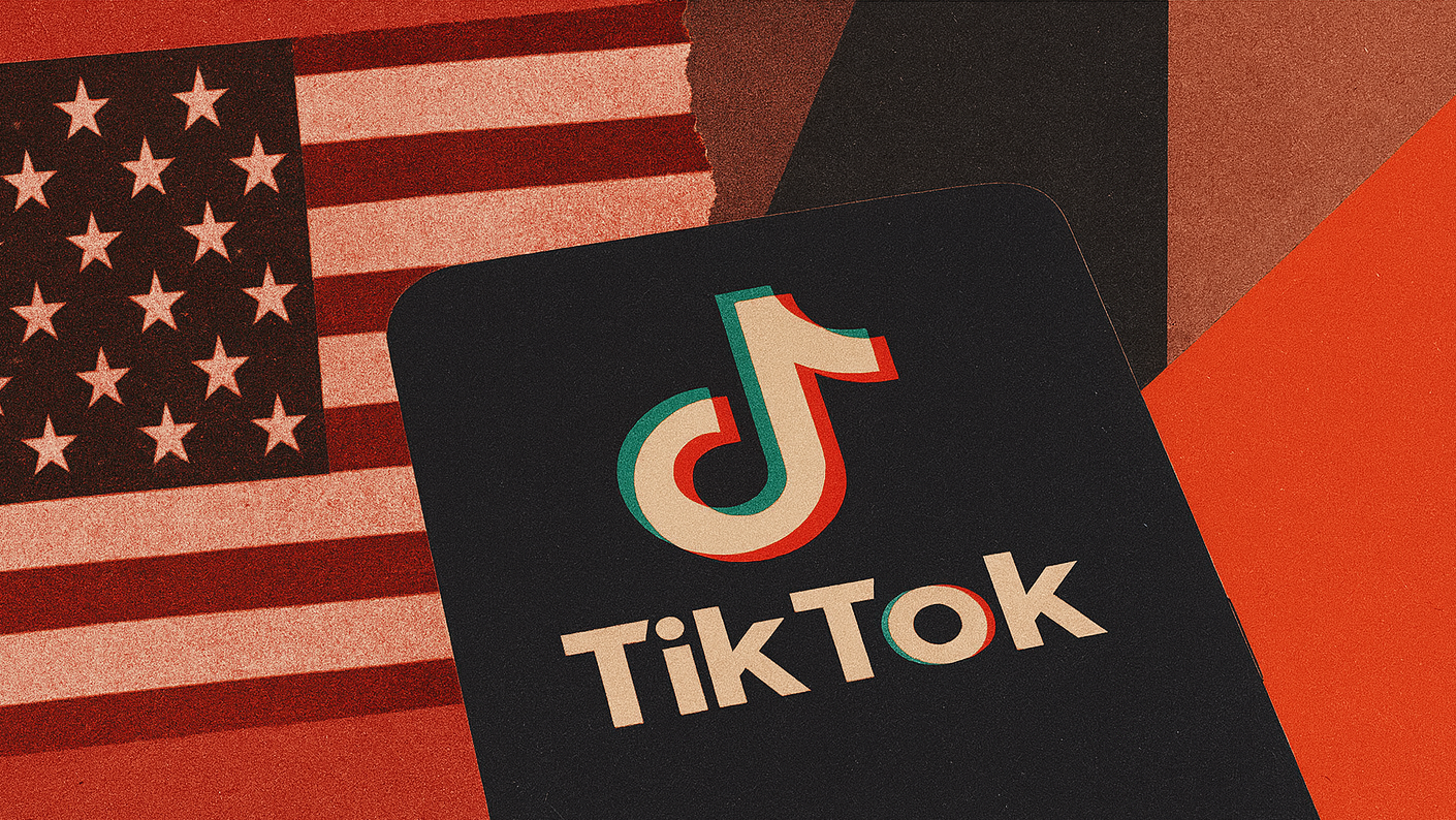 Ilustração de um celular com o logo do TikTok e a bandeira dos EUA ao fundo