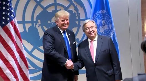 O presidente dos Estados Unidos, Donald Trump (à esquerda), junto do secretário-geral da ONU, Antônio Guterres (à direita)