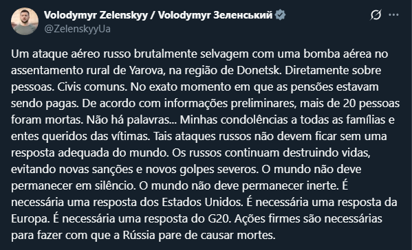 Post do presidente Volodymyr Zelensky no X • @ZelenskyyUa no X