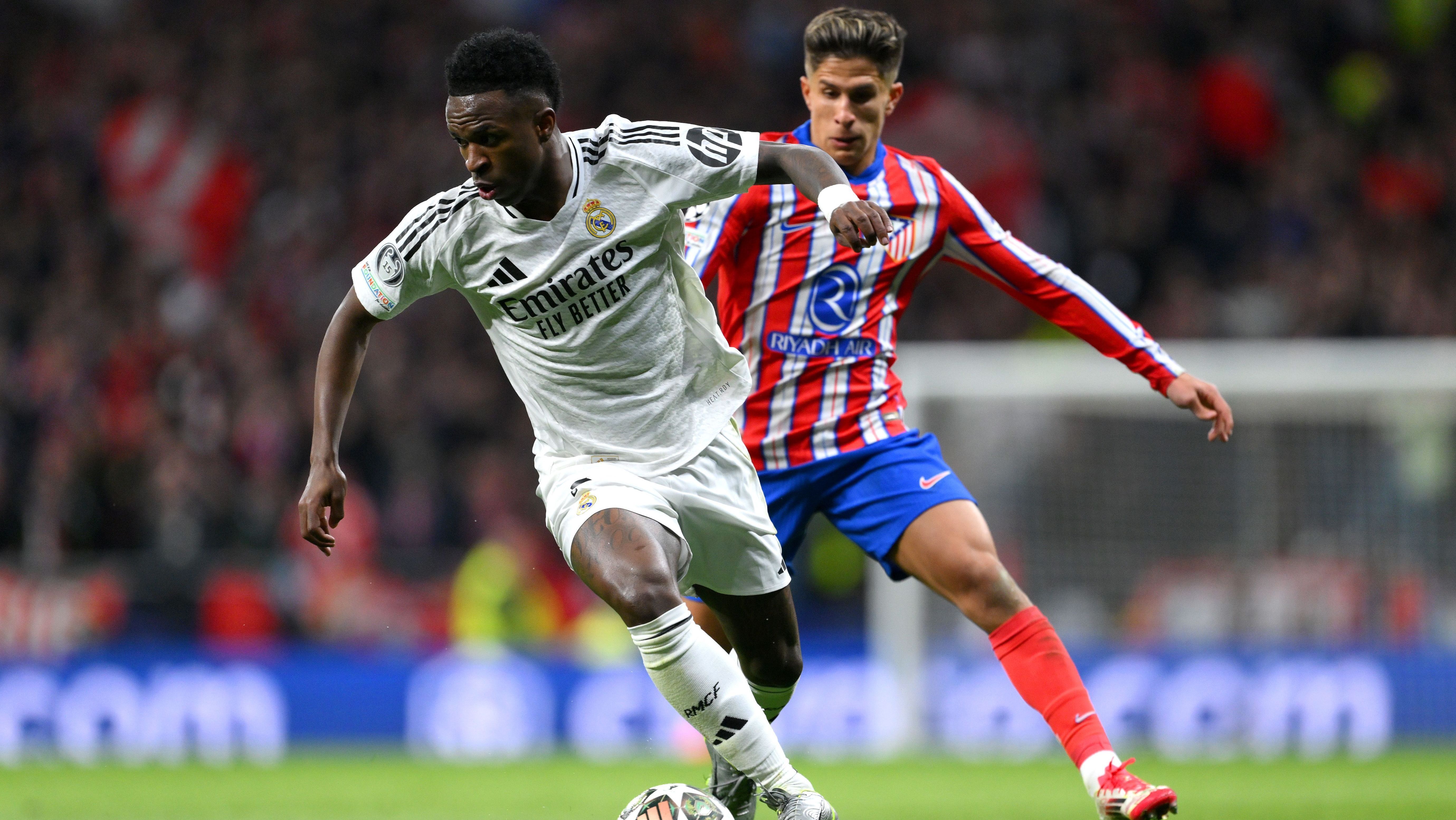 Vini Jr. e Simeone em lance de Real Madrid x Atlético de Madrid