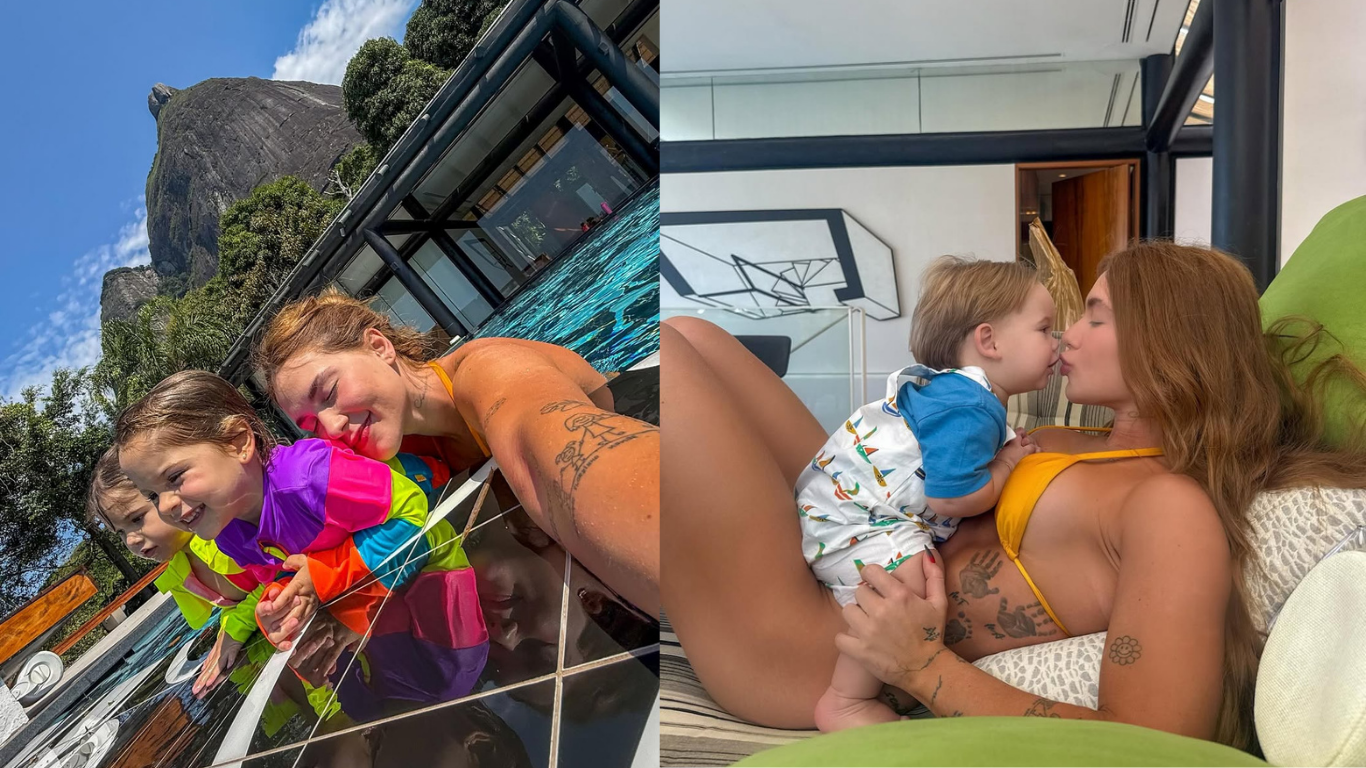 Após coroação na Grande Rio, Virginia curte dia na piscina com os filhos