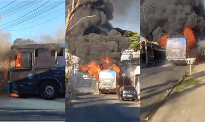 Vídeo mostra ônibus sendo destruído por incêndio na Grande BH