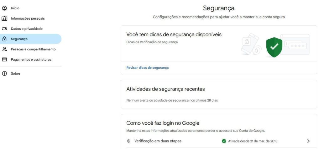 A autenticação de dois fatores é um recurso disponível na conta do Google • Créditos: Reprodução/Google