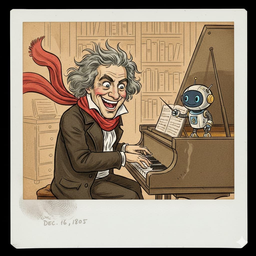 Create an image showing Beethoven playing the piano, smiling crazily, wearing his classic red scarf (a drawn image, not a human) and a cute robot on the piano. Dont forget the robot. The image must look like polaroid