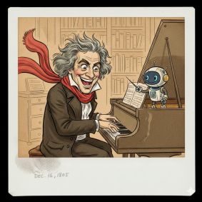 Create an image showing Beethoven playing the piano, smiling crazily, wearing his classic red scarf (a drawn image, not a human) and a cute robot on the piano. Dont forget the robot. The image must look like polaroid