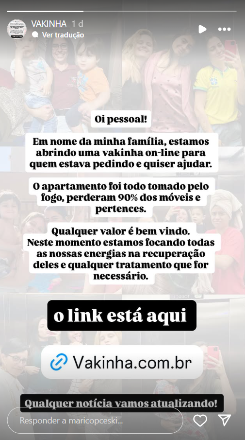 Vaquinha está ativa e disponibilizada para todos que quiserem ajudar • Reprodução/Redes Sociais