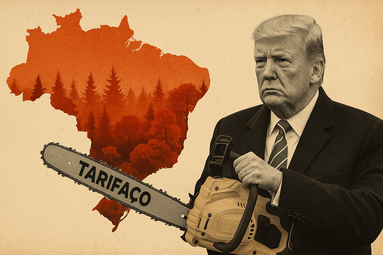 Ilustração do presidente dos Estados Unidos, Donald Trump, segurando uma serra elétrica, onde se lê a palavra "tarifaço"; ao lado, o desenho da fronteira do Brasil com árvores em seu interior