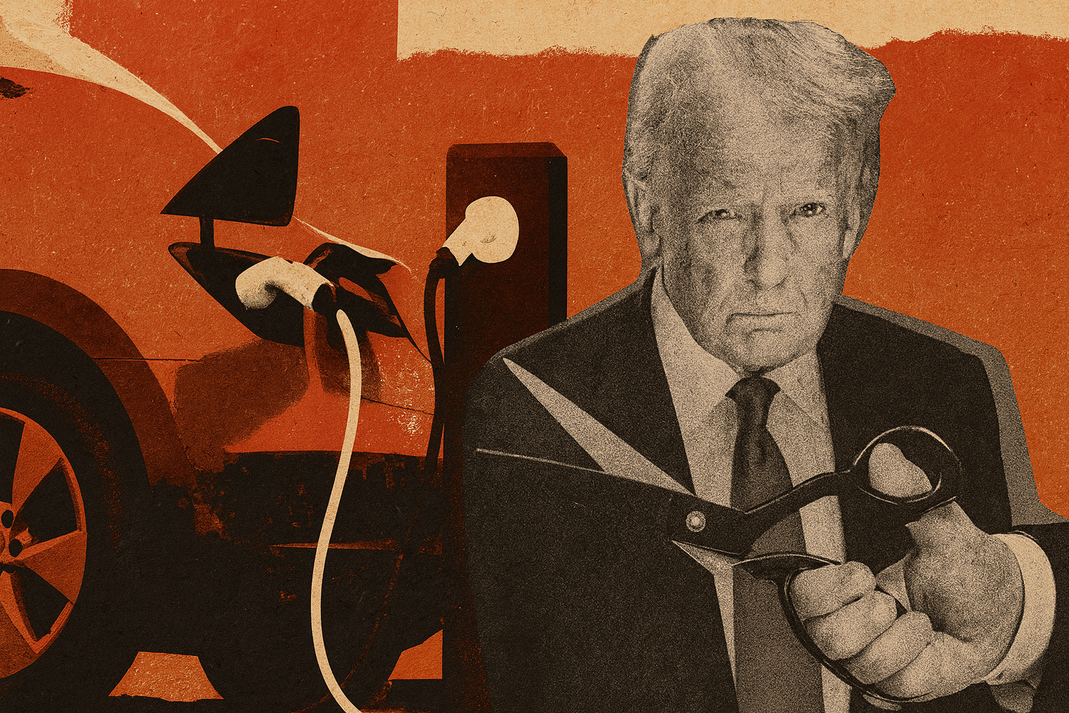Donald Trump e uma tesoura ao lado de um carro elétrico plugado na tomada