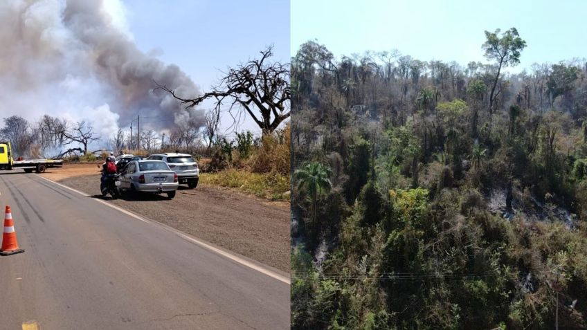 À esquerda, incêndio na região de Itapura; à direita, situação em Espírito Santo do Pinhal • Defesa Civil SP