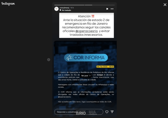 Consulado do México alerta para segurança no Rio • @consulmexrj via Instagram
