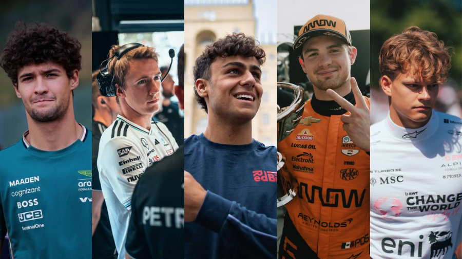 Participação de rookies em treinos livres é obrigatória; da esquerda para a direita: Jak Crawford, Fred Vesti, Arvid Lindblad, Pato O'Ward e Paul Aron.
