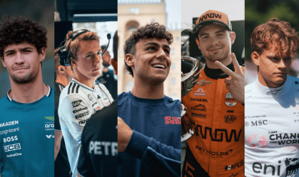 Participação de rookies em treinos livres é obrigatória; da esquerda para a direita: Jak Crawford, Fred Vesti, Arvid Lindblad, Pato O'Ward e Paul Aron.