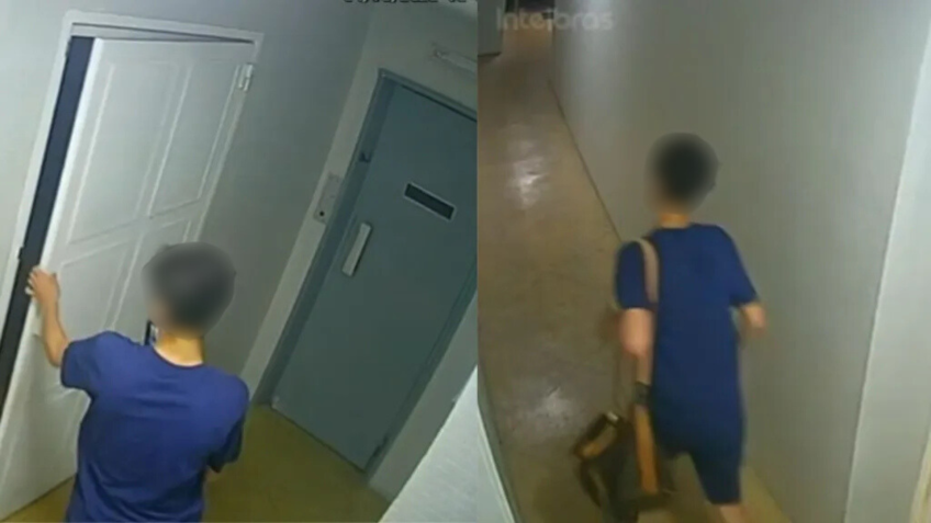 Câmeras de segurança do prédio flagram o adolescente entrando no prédio e saindo com os pertences. • Reprodução