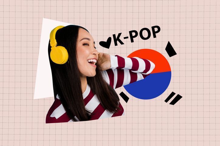 Composite image montage trend artwork collage of portrait young lady smile headphones listen music kpop asia traditional national element