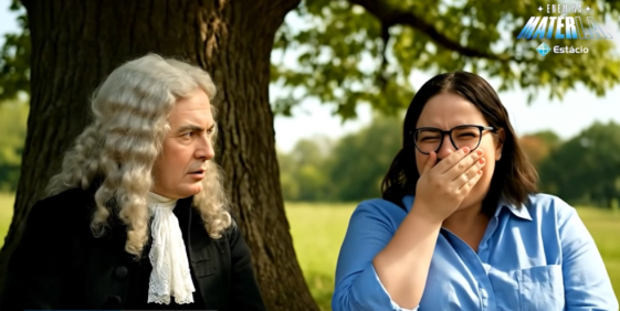 Plataforma “Enem na MatérI.A” recria com IA cena em que Isaac Newton teria formulado teoria da gravidade universal ao ver uma maçã cair de árvore