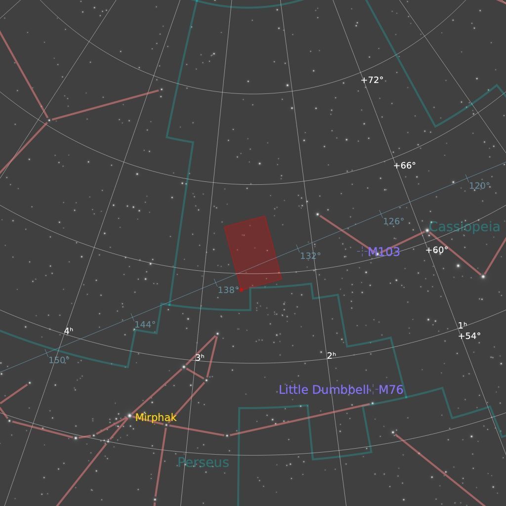 A região destacada em vermelho mostra a região da Nebulosa do Coração, próxima da constelação de Cassiopeia • Ronald Brecher