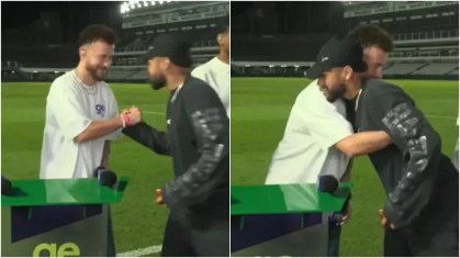Neymar e Fred Bruno se cumprimentam na Vila Belmiro