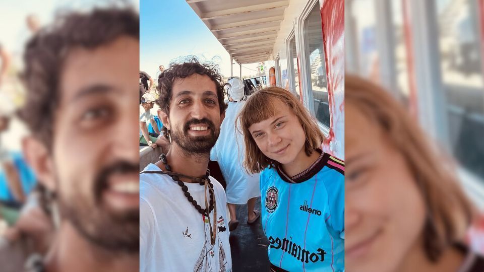 Nicolas Calabrese e Greta Thunberg em flotilha de ajuda a Gaza