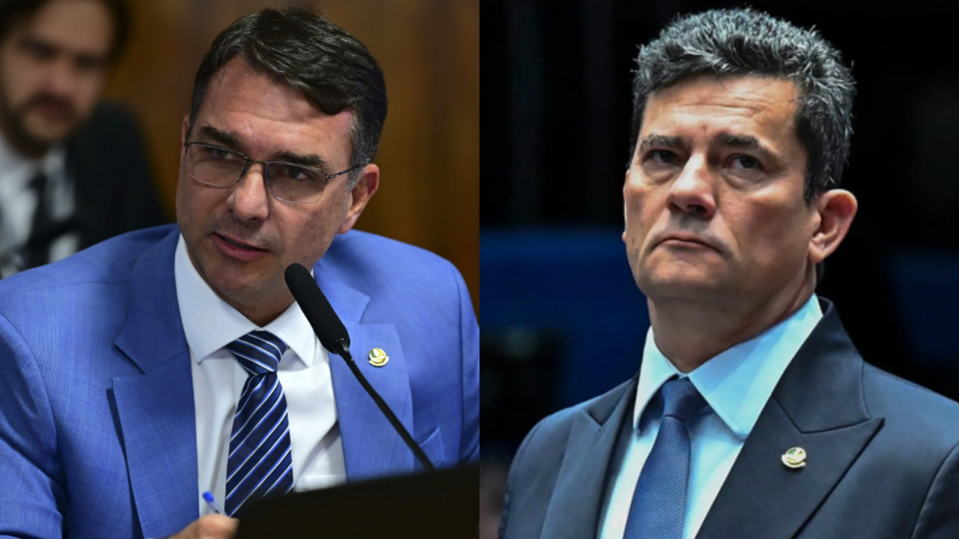 Os senadores Flávio Bolsonaro (PL-RJ) e Sergio Moro (União-PR)