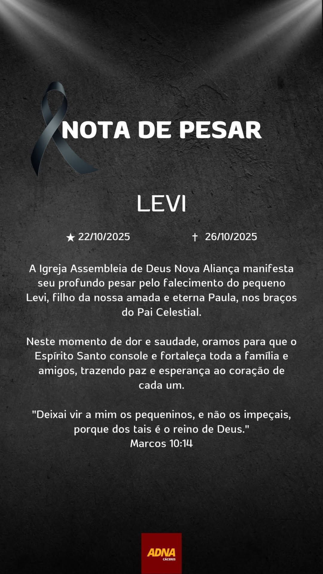 Nota de pesar da Igreja Assembleia de Deus Nova Aliança (ADNA) via Stories. • Reprodução/ Instagram
