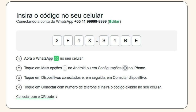 O código para entrar sem QR code será exibido na tela • Reprodução/WhatsApp