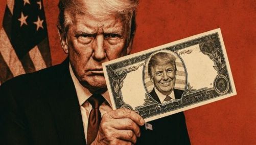 Ilustração de Donald Trump segurando uma nota de dólar com seu rosto